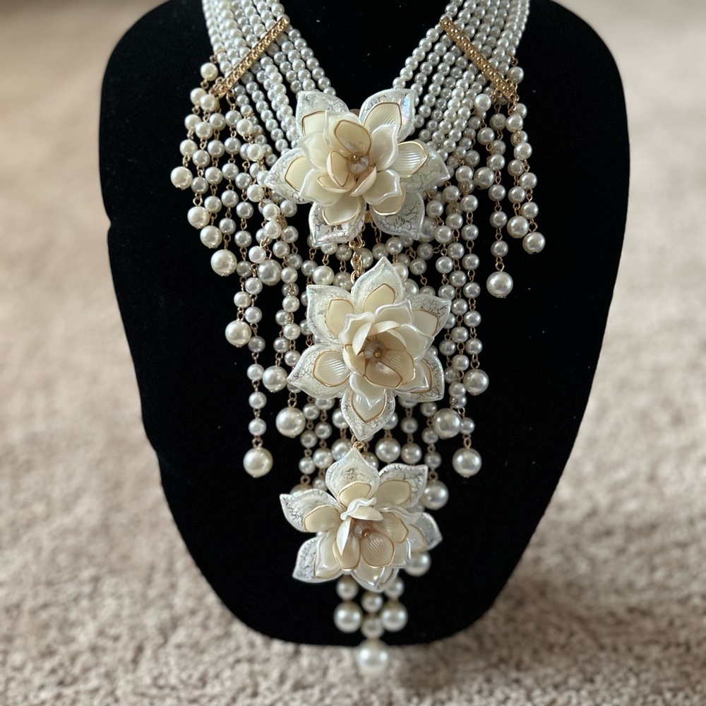 Cream and White Pearl Cascading Floral Necklace with Pearl Beads